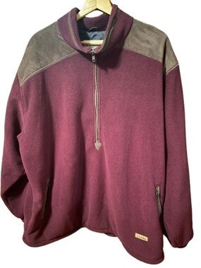 L.L. Bean Men's Burgundy Half-Zip Fleece Sherpa with Faux Suede Brown Accents